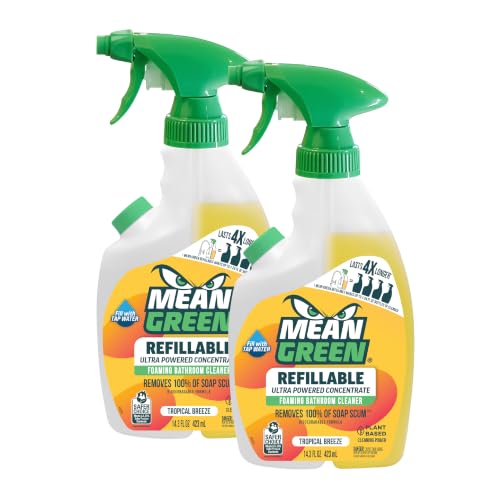 Image of Mean Green Refillable Ultra Powered Bathroom Cleaner Concentrate, Tropical Breeze, 14.3 fl oz (2-Pack) - Plant & Mineral Based, Removes 100% of Soap Scum, Refillable Bottle Makes 4X Refills