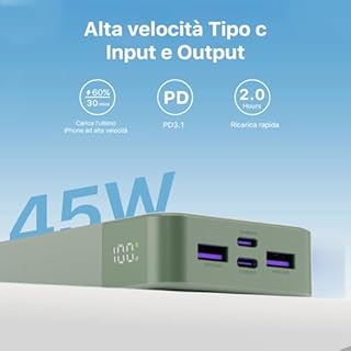JUOVI Power Bank 20000mAh Portatile, 45W Powerbank Caricatore Portatile Ricarica Rapida, Batteria Portatile con Display Digitale, USB C In&Out Compatibile con Phone, Laptop, Tablet, PC J2621 (Verde)