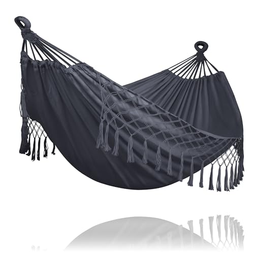 Image of SUNCREAT Hammocks Outdoor Camping Double Hammock with Tassel, Fabric Hammock for Backyard, Dark Gray