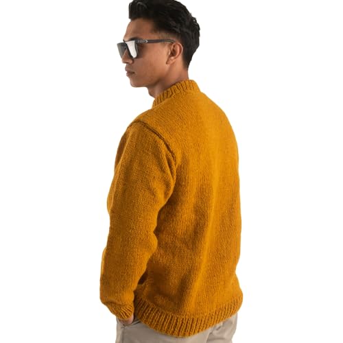 Nepal Wool Sweater for Men - Crewneck Ribbed Edges Jumper, Chunky Winter Woolen Pullover, Mustard Yellow2