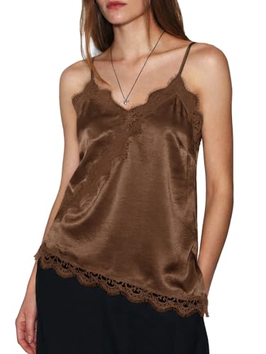 Cicy Bell Damen Spitzentops V Ausschnitt Satin Tank Top Ärmellose Rückenfrei Camisole Sommer Spaghetti Shirts mit Asymmetrischem Saum Braun XL