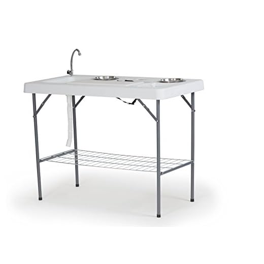 Old Cedar Outfitters Deluxe Fish Fillet Table, or Portable Folding Camping Kitchen with Cutting Board, Bowls, Knife, Odor Bar, Sink, Drain and More! 49.8" x 25.6" x 37.2", White,Camp