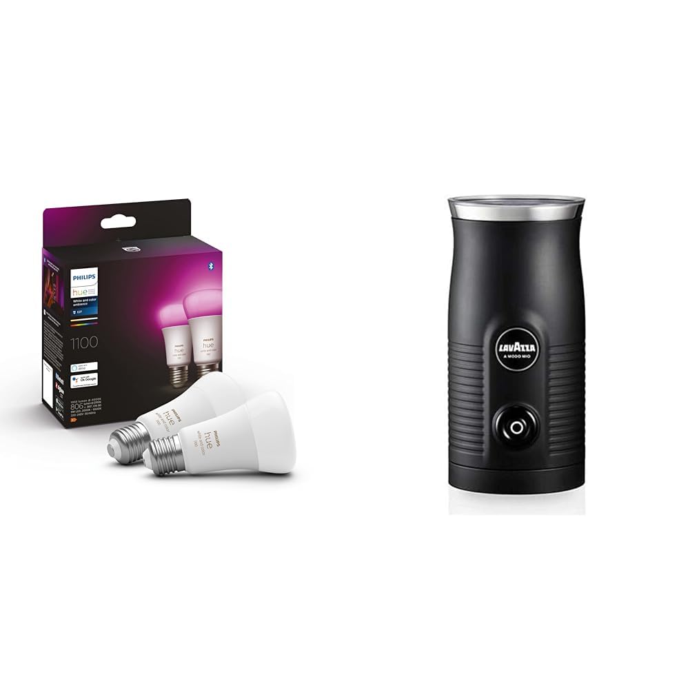 Philips Hue White and Colour Ambiance Smart Light Bulb 2 Pack 75W - 1100 Lumen & Lavazza A Modo Mio Milk Easy Frother, for Milk-Based Recipe, Black