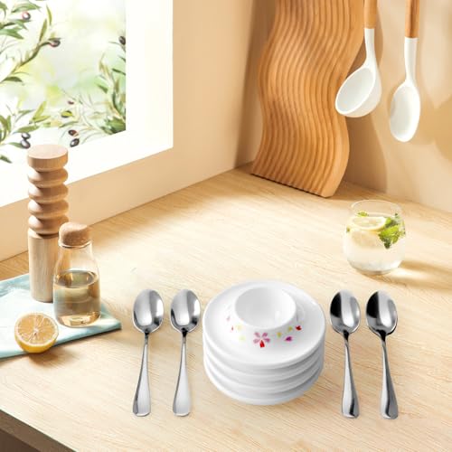 Image of Cinf Ceramic Sakura Egg Holder Set of 4 Porcelain Holder With 4Stainless Steels Egg Spoons Breakfast Boiled Cooking Easy to Clean Childhood Memories Kitchen
