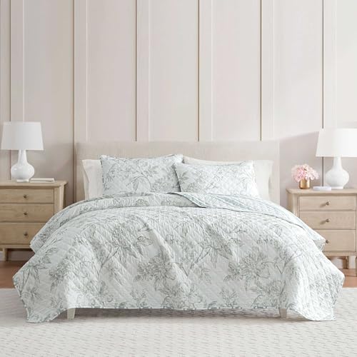 Image of Martha Stewart - King Quilt Set, 100% Cotton Reversible Bedding Set, Incredibly Soft Feel for Year Round Comfort, 3 Piece Bed Set with Matching Pillowcases (Vine Flora Green)