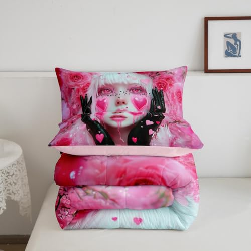 Image of Erosebridal Black and Pink Girl Bedding Sets Anime Gifts for Women Girls Romance Rose Girl Comforter Set Glitter Love Hearts Decor Duvet Insert Modern Lady Fashion Girls Bed Set King 3 Pieces