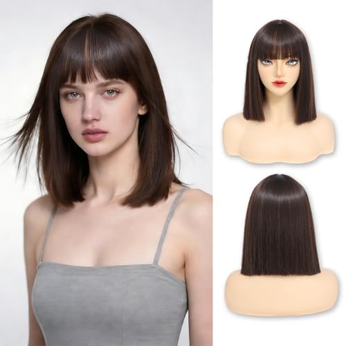 Bkiyyi Chocolate Brown Bob Wig with Bangs 13in Short Straight Wig for Women