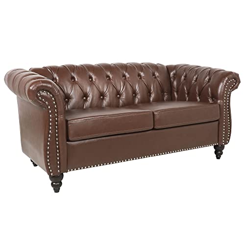 Image of LEVNARY Leather Sofa, Chesterfield Tufted Upholstered 2 Seater Couch, Modern Loveseat Couch Classic Furniture for Living Room Bedroom (Dark Brown)