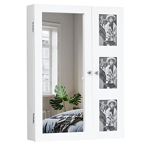 Wall Mounted Jewelry Organizer With Photo Frame - Non-Full Mirror Jewelry Cabinet - White Wooden Jewelry Armoire With Picture Frame - Over The Door Jewelry Organizer - Jewelry Wall Display Cabinet #TOP2