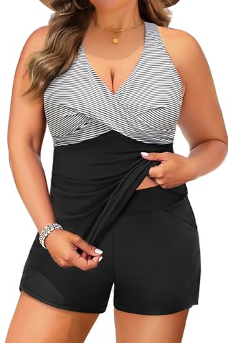 Daci Plus Size Tankini Swimsuit for Women - Two Piece Tummy Control Bathing Suit Tankini Top with Two Pockets Shorts Black Striped 18 Plus