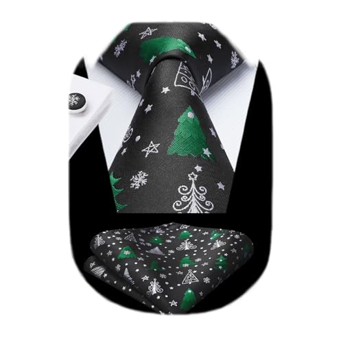 Image of HISDERN Christmas Ties for Men Holiday Tie and Pocket Square Cufflinks Festival Party Xmas Funny Silk Woven Necktie
