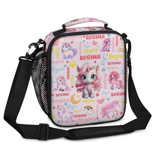 Personalized Insulated Lunch Bags for Kids - Cute Lunch Box for School Picnic, Leakproof & Water-Resistant & Washable Mini Cooler Bag with Adjustable Shoulder Strap, Cute Unicorn Clouds Text Pink