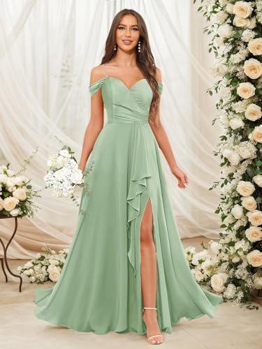 Bridesmaid Dresses for Women Off The Shoulder Ruffles V-Neck Pleated Formal Evening Gown with Slit3