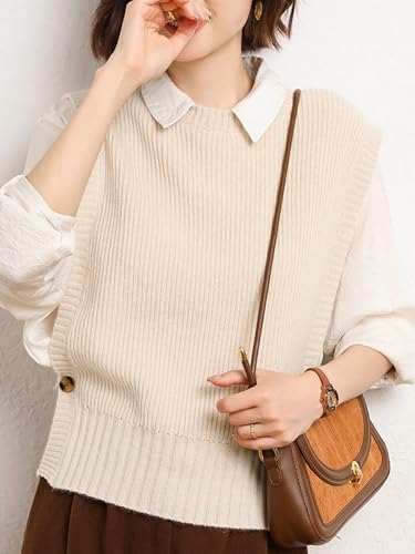 Image of Women's Sweater Vest Casual Round Neck Sleeveless Pullover Knit High Low Hem Side Button Ribbed Vest Top