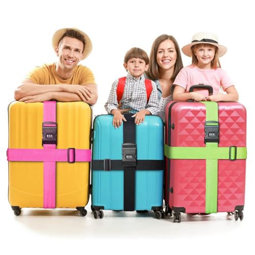 Image of 2 PCS Luggage Strap 78 inch x 2 inch Suitcase Belts Wide Adjustable Packing Straps Travel Accessories, Rose Pink & Combination Lock