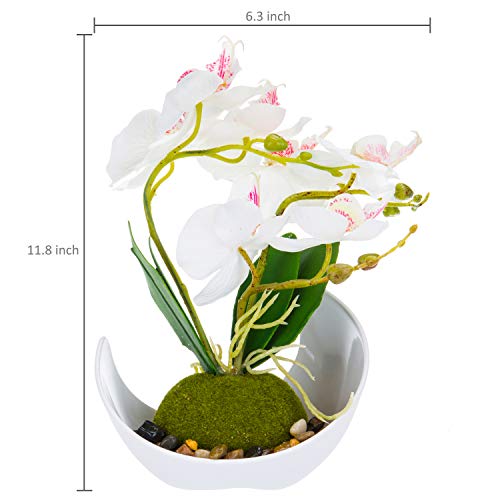 Mygift Synthetic White Orchid Artificial Flowers For Decoration In Curved Planter - Potted Fake Phalaenopsis Plants #TOP5