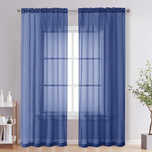Image of OVZME Royal Blue Sheer Curtains 84 Inches Long 2 Panels - Soft Light Filtering Window Sheer Panels for Living Room /Bedroom, Top Dual Rod Pocket, 1 Pair, Each 42Wx84L Inches