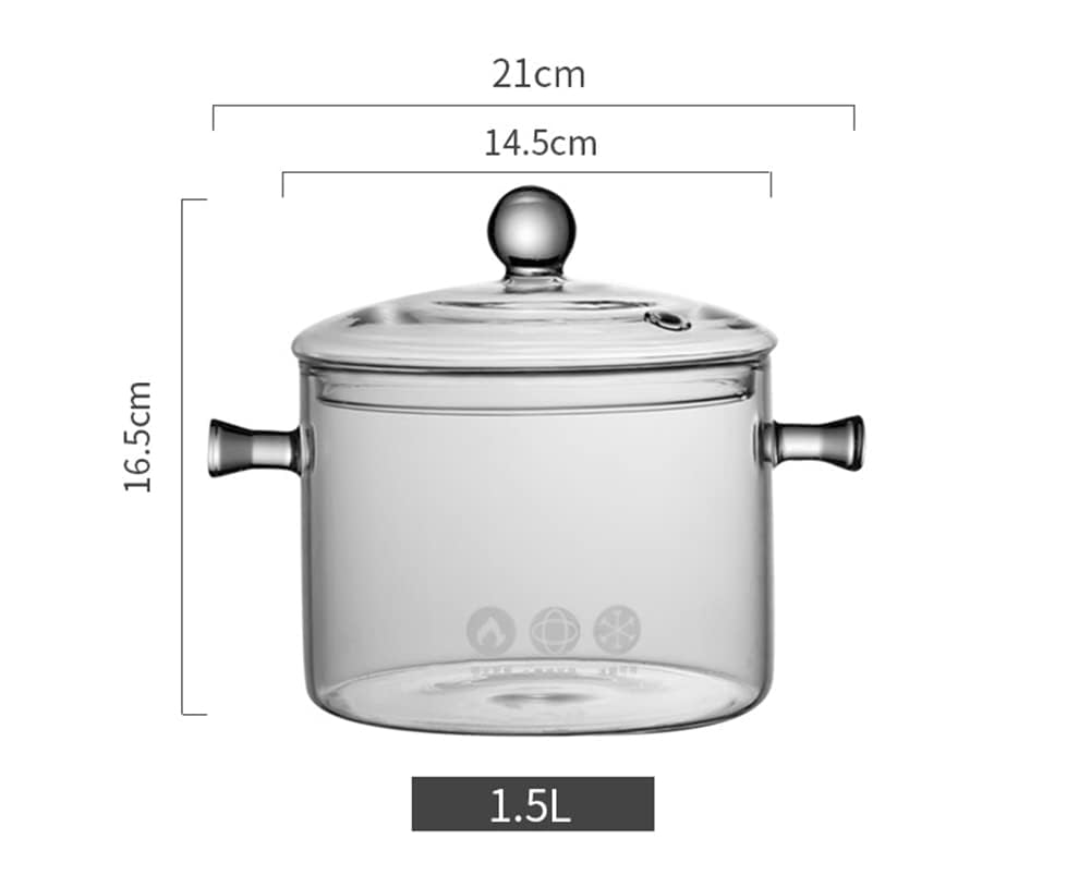 1.5L Pentola in vetro trasparente resistente alle alte temperature,tegame in Vetro borosilicato,pentola in Vetro Trasparente, pentola per zuppa con doppio manico e coperchio