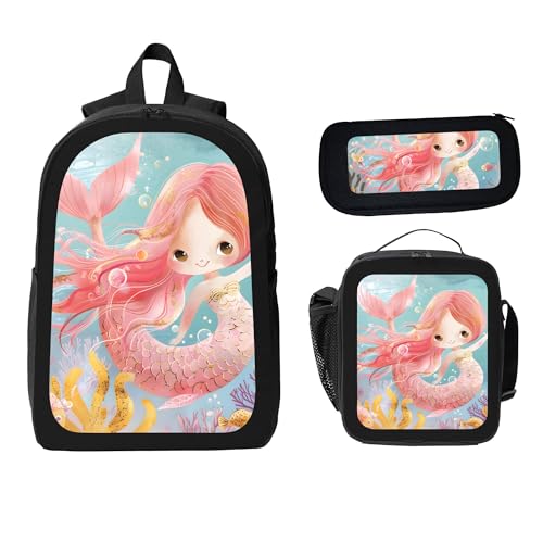Cute Mermaid Pink 3 Pcs 17 Inches Backpack Set With Insulated Lunch Bag And Pencil Pouch Large Back Pack For Men Women Lunchbox Pencil Case Waterproof Backpacks Lunch Box 3 Piece Daypacks2