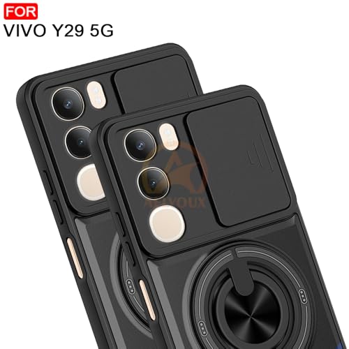 Image of Vivo Y29 5G Back Cover | Armor Camera Slider 360 Degree Rotating Finger Ring Holder Case with Bracket Stand Back Case Cover (Compatible with MagSafe Accessories) (Black)