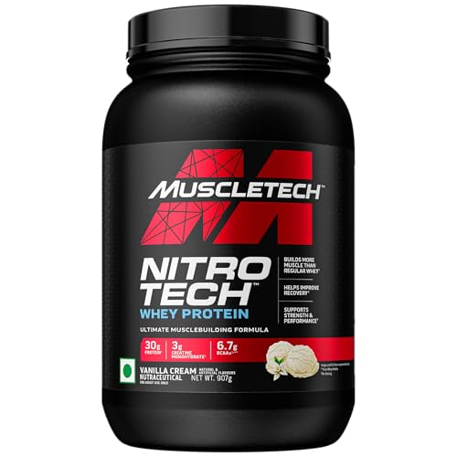 Image of MuscleTech Nitro-Tech Whey Protein, 907g (2lbs), Vanilla Cream, 30g Protein, 3g creatine monohydrate, 6.7g BCAA, ultimate muscle building formula, increase strength & performance