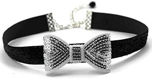 Arthlin Silver Bowtie Necklace Accessory for Women, Silver Sequins Bow and Black Glitter Band