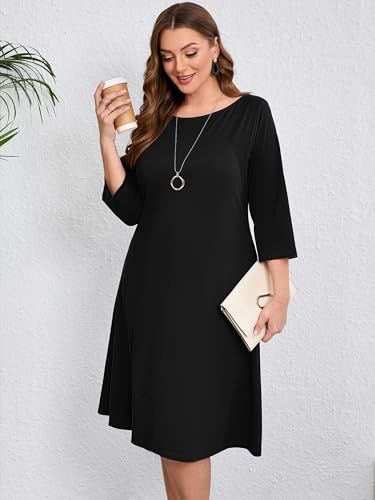 Image of AusLook Women's Plus Midi Dresses Crew Neck A Line 3 /4 Sleeves Casual Elegant Loose Wedding Vacation Dress with Pockets
