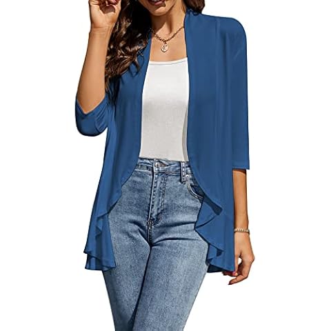 HOCOSIT Womens Casual Open Front Cardigans Lightweight Drape Ruffles 3/4 Sleeve Cardigan S-XXL Blue Cover