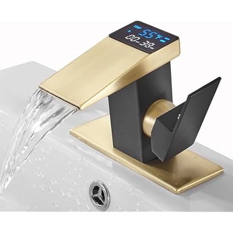 LOOPAN LED Light Bathroom Faucet One Hole Waterfall Temperature Display Hydraulic Power Single Handle Faucet Gold&Black, Waterfall Faucet for Bathroom Sink Mount Cover