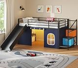 Twin Low Loft Bed with Slide and Safety Staircase, 2 Storage Drawers, Kids Twin Size Loft Bed with LED Lights, Under-Bed Play Tent, Built-in Desk, Metal Loft Bed with Safety Guardrail, Black and Blue
