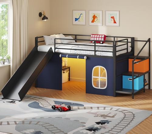 Twin Low Loft Bed with Slide and Safety Staircase 2 Storage Drawers Kids Twin Size Loft Bed with LED Lights Under-Bed Play Tent Built-in Desk Metal Loft Bed with Safety Guardrail Black and Blue
