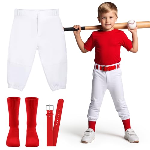 Toddler Baseball Pants - Kids Tee Ball Pants for Boy Girl Includes: Red Belt and Baseball Socks (4T)