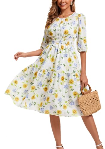 Image of Kormei Women Summer Casual Boho Floral Round Neck 3 /4 Sleeve Smocked Waist Tiered Flowy Swing Midi Dress L White /Yellow Floral
