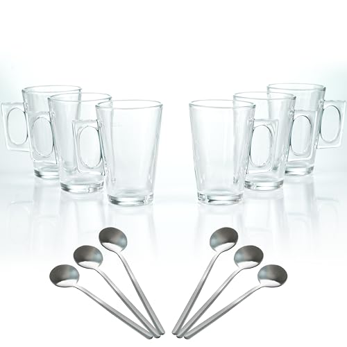 Crystals 6 x 240ml Classic Glass Cup Mugs Set for Cold Drinks Hot Latte Coffee Cappuccino with 6 Spoon