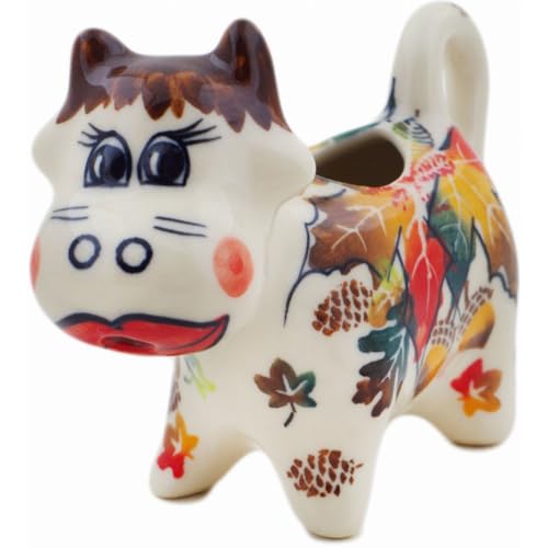 Authentic Polish Pottery Cow Shaped Creamer Signature UNIKAT in Autumn Wind Design Handmade in Boles?awiec Poland by Ceramika Dalia + Certificate of Authenticity