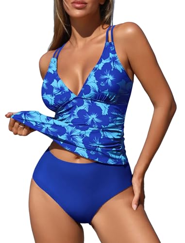 Image of ZAFUL Womens Tankini Swimsuits V Neck Push Up Swim Top Color Block Tummy Control High Waisted Bathing Suits Swim Bottom