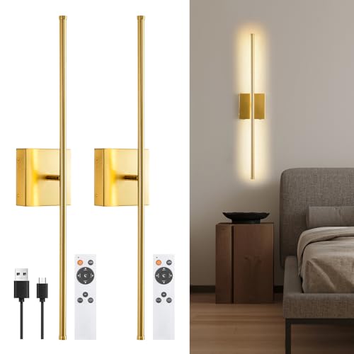 Image of Battery Operated Wall Sconces Set of Two Wireless with Remote Control,350Rotate,3000K-6000K Gold Modern LED Rechargeable Indoor Wall Lights for Living Room,Bedroom,Stairs,27.5 Inch (2 Pack)