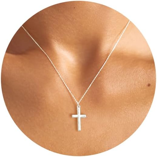 Cross Necklace, 14K Gold Plated Box Chain Cross Pendant Necklace Dainty Simple Silver Cross Tiny Necklace for Women
