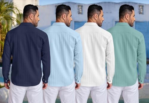 Image of FINIVO FASHION Combo of Men's Casual Cotton Plain Button Down Shirt Long Sleeve Textured Summer Beach Shirt for Men Pack of 4