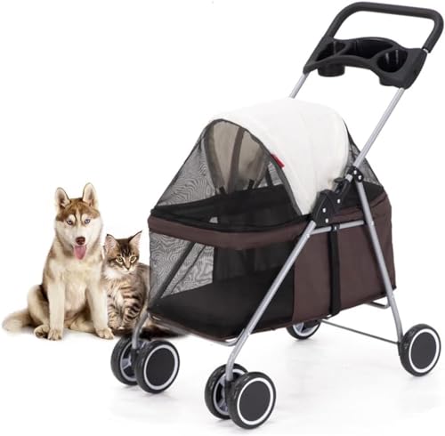 POERDS ペットカート 猫 犬 バギー 中型犬 多頭用 カート 小型犬 中型犬 犬用ベビーカー 3way 折りたたみ 四輪 介護用 お出かけ 軽量 組み立て簡単 前輪360°回転 後輪ブレーキ付 多機能 耐荷重15Kg (ピンク) (ブラウン)