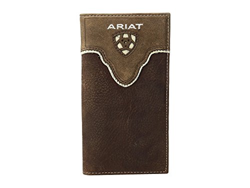 ARIAT Men's Rodeo Wallet, Distressed Leather, Ivory Trim, Embroidered Lettering with Cutout Shield Logo, Multiple Compartments, ID Slot