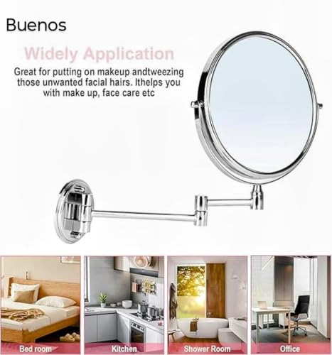 Image of Buenos- Magnifying Shaving Makeup Beauty Vanity Zoom Mirror with Silver Chrome Finish. Dual Side Magnification Wall Hung. 8 Inch Rod Type. 360 Degree ROTATABLE