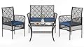 wallowsun 4 Piece Patio Furniture Set, Outdoor Wicker Chairs Rattan Conversation Sets with Cushions and Glass Coffee Table for Porch Garden Poolside Backyard, Blue