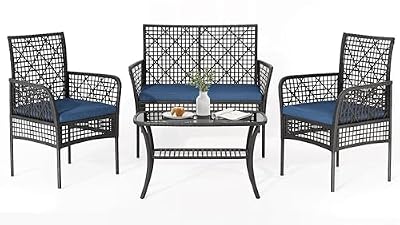 wallowsun 4 Piece Patio Furniture Set, Outdoor Wicker Chairs Rattan Conversation Sets with Cushions and Glass Coffee Table for Porch Garden Poolside Backyard, Blue