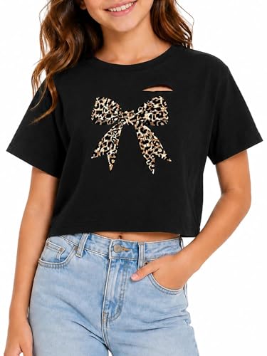Ecolala Girls Crop Tops Graphic Tees Short Sleeve Shirts Summer Distressed T Shirts Black Bow 11-12 Years