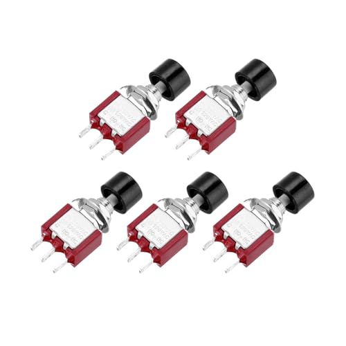 sourcing map 5 Pcs 2A/5A 250V AC/120V AC 7mm Mini Momentary Push Button Switch SPST NO+NC Black Switch Button with Soldering Foot for Electronic Devices