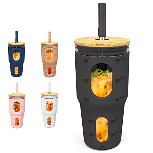 Tronco 32 Oz Tumbler with Straw and Lid, Reusable Drinking Glass Cup with Time Marker, Silicone Sleeve, Fits Cup Holder and Without BPA for Smoothie, Tea, Iced Coffee (Black)