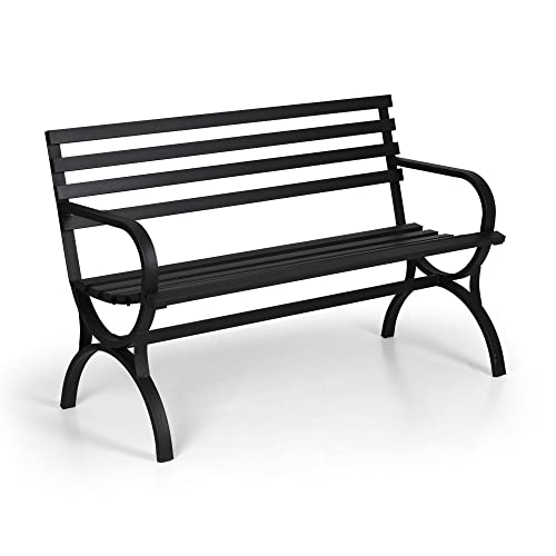 Phi Villa Outdoor Garden Bench, 48” Long Metal Steel Bench With Backrest And Armrests, Modern Slatted Design For Patio, Lawn, Yard, Porch - Black #TOP7