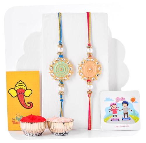 Image of CraftVatika Rakhi Set of 2 for Brother, Floral Kundan Designer rakhi Combo For Brother Bhaiya Bhabhi Raksha Bandhan Gift Band with Fridge Magnet Bracelet Stone Rakhis
