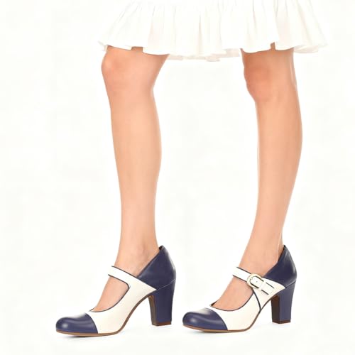 Image of SHODENSE Women Vintage Chunky High Heel Mary Jane Shoes Round Closed Toe Ankle Strap Dress Sandals 3 inch Block Heels Mary Jane Lolita Pumps Two-Toned Patchwork Buckle Office Lady Wedding Retro 4-11 M US